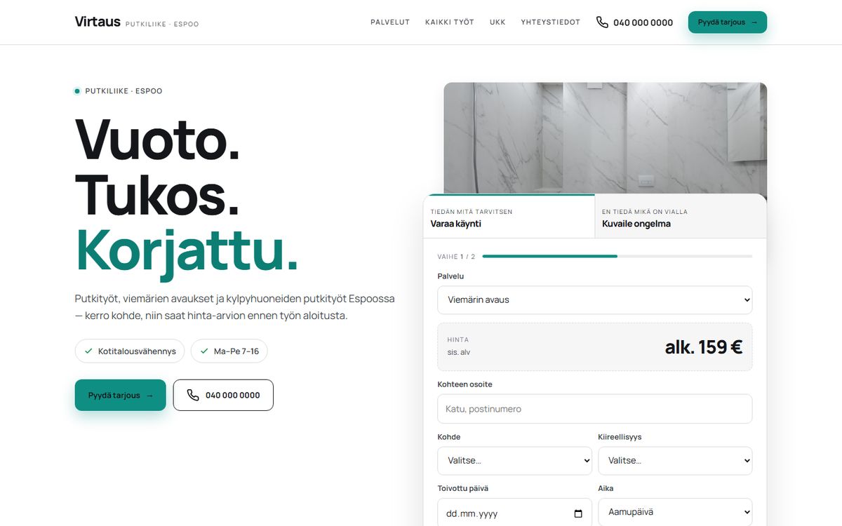 Putkiliike Virtaus — esimerkkisivusto